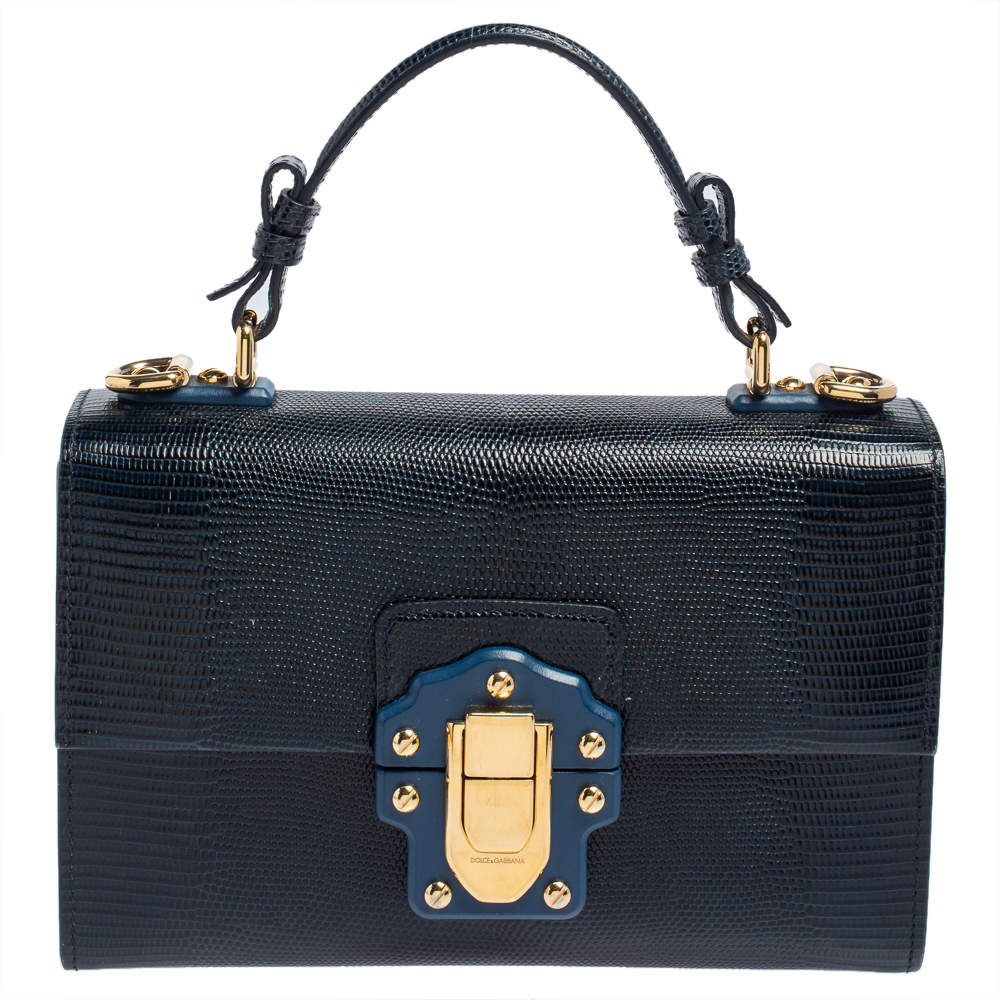 Pre Owned Dolce & Gabbana Blue Lizard Embossed Leather Lucia Top Handle Bag