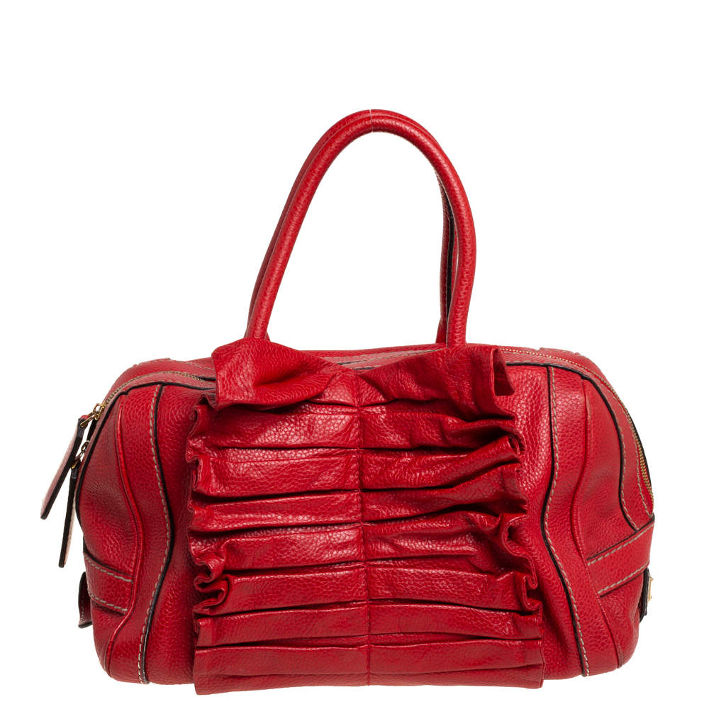 Dolce & Gabbana Red Grained Leather Ruffle Satchel