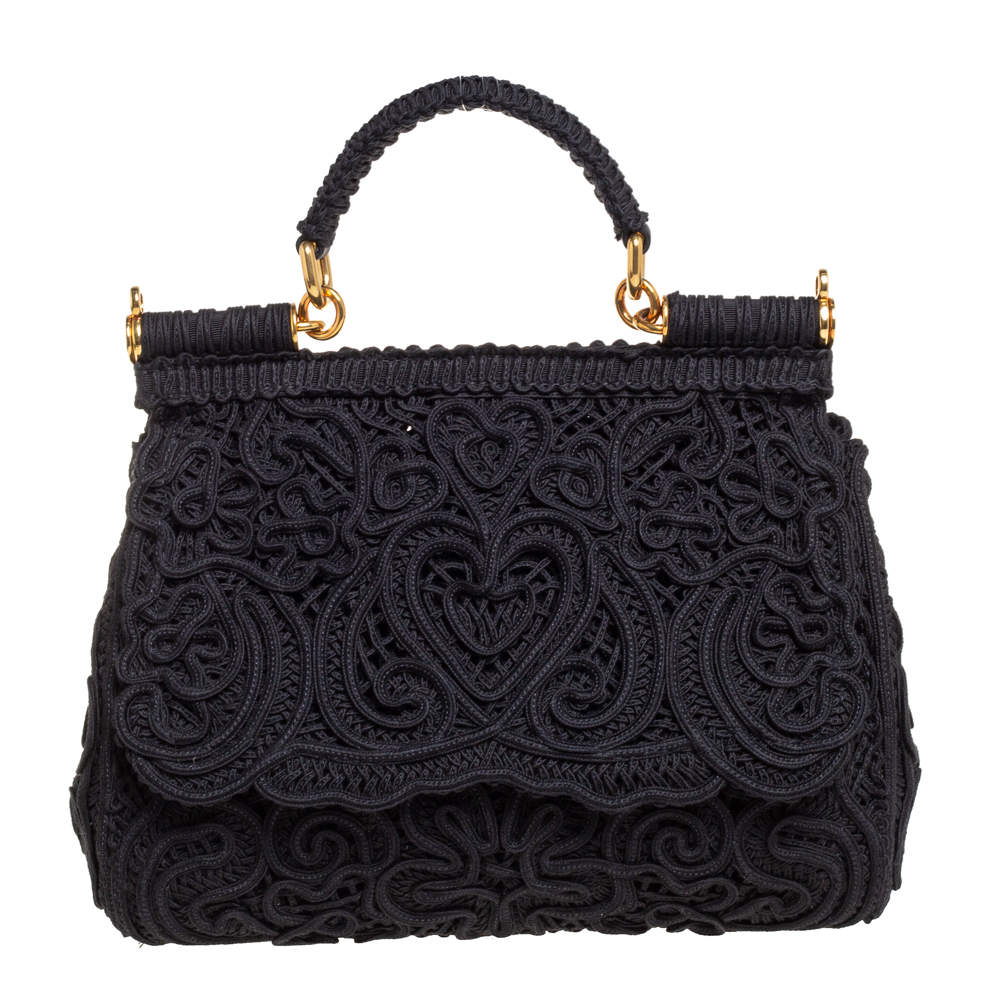 Pre Owned Dolce & Gabbana Black Fabric Medium Sicily Cordonetto Top Handle Bag