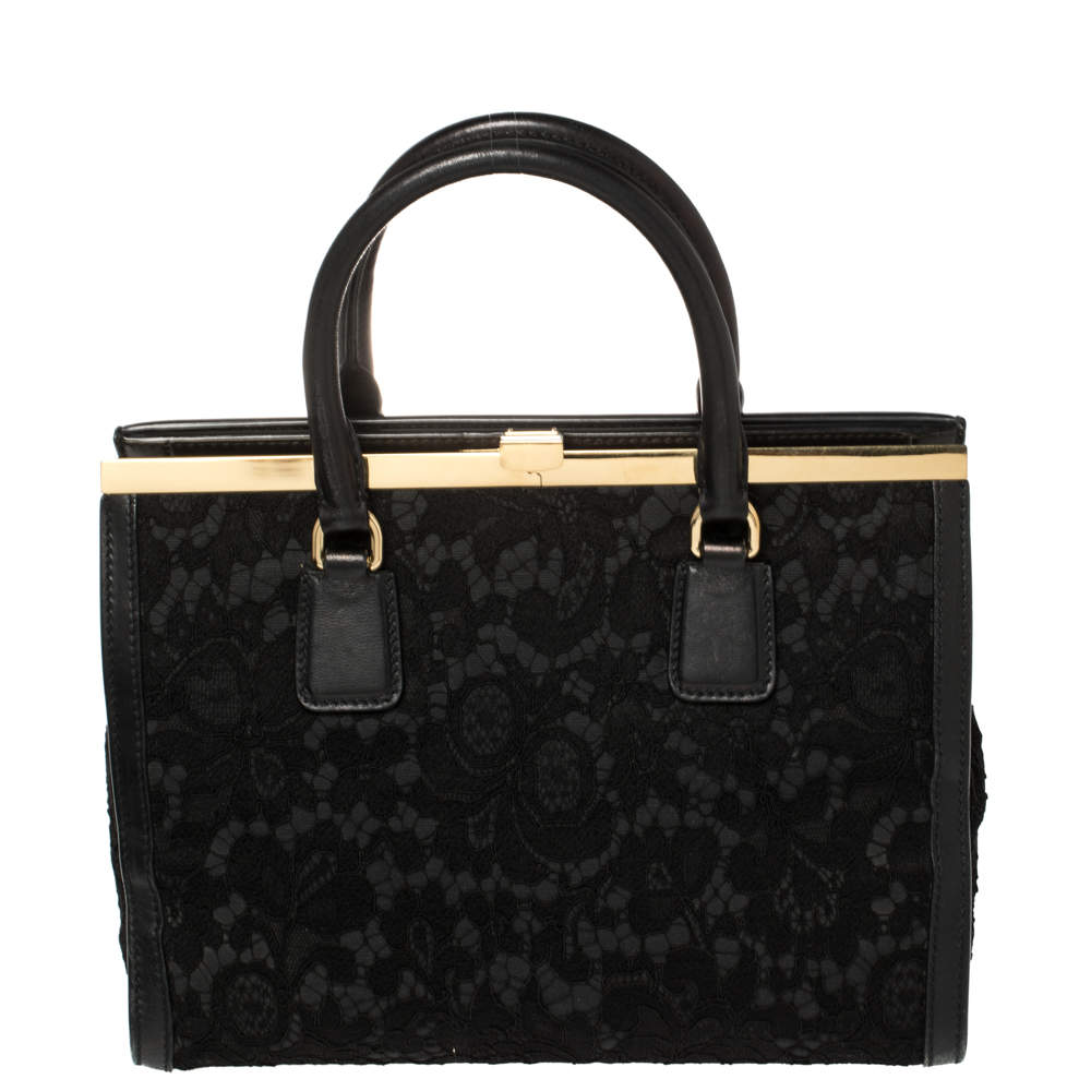 Dolce & Gabbana Black Lace and Leather Frame Tote