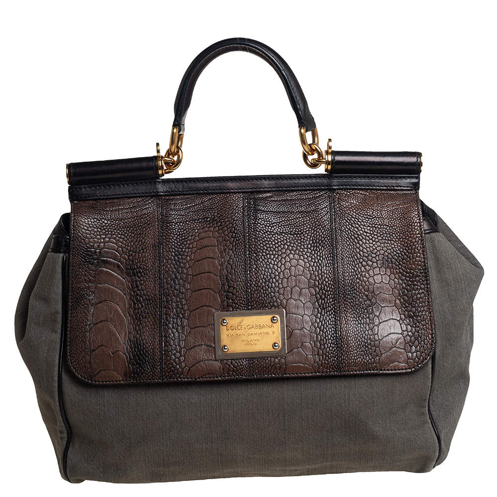 مملوكة مسبقًا Dolce & Gabbana Grey/Black Denim and Ostrich Leg Leather Large Miss Sicily Top Handle Bag