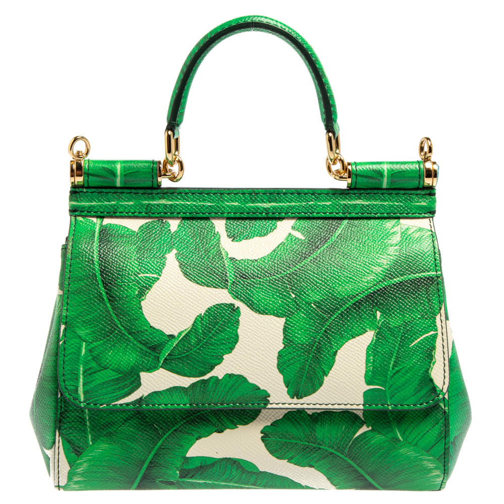 Pre Owned Dolce & Gabbana Banana Leaf Print Leather Small Miss Sicily Top Handle Bag