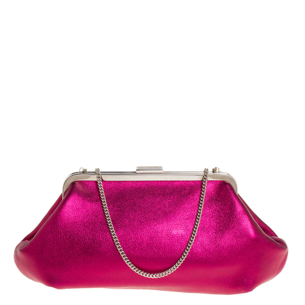 Pre Owned Dolce & Gabbana Metallic Pink Leather Chain Frame Clutch
