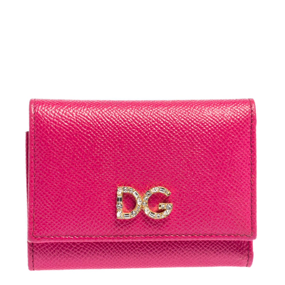 Pre Owned Dolce & Gabbana Fuchsia Leather DG Crystal Embellished Trifold Wallet