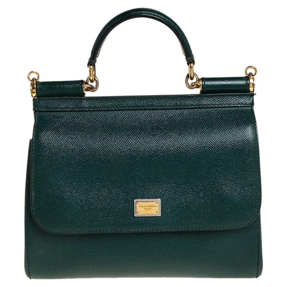 Pre Owned Dolce & Gabbana Green Leather Medium Miss Sicily Top Handle Bag