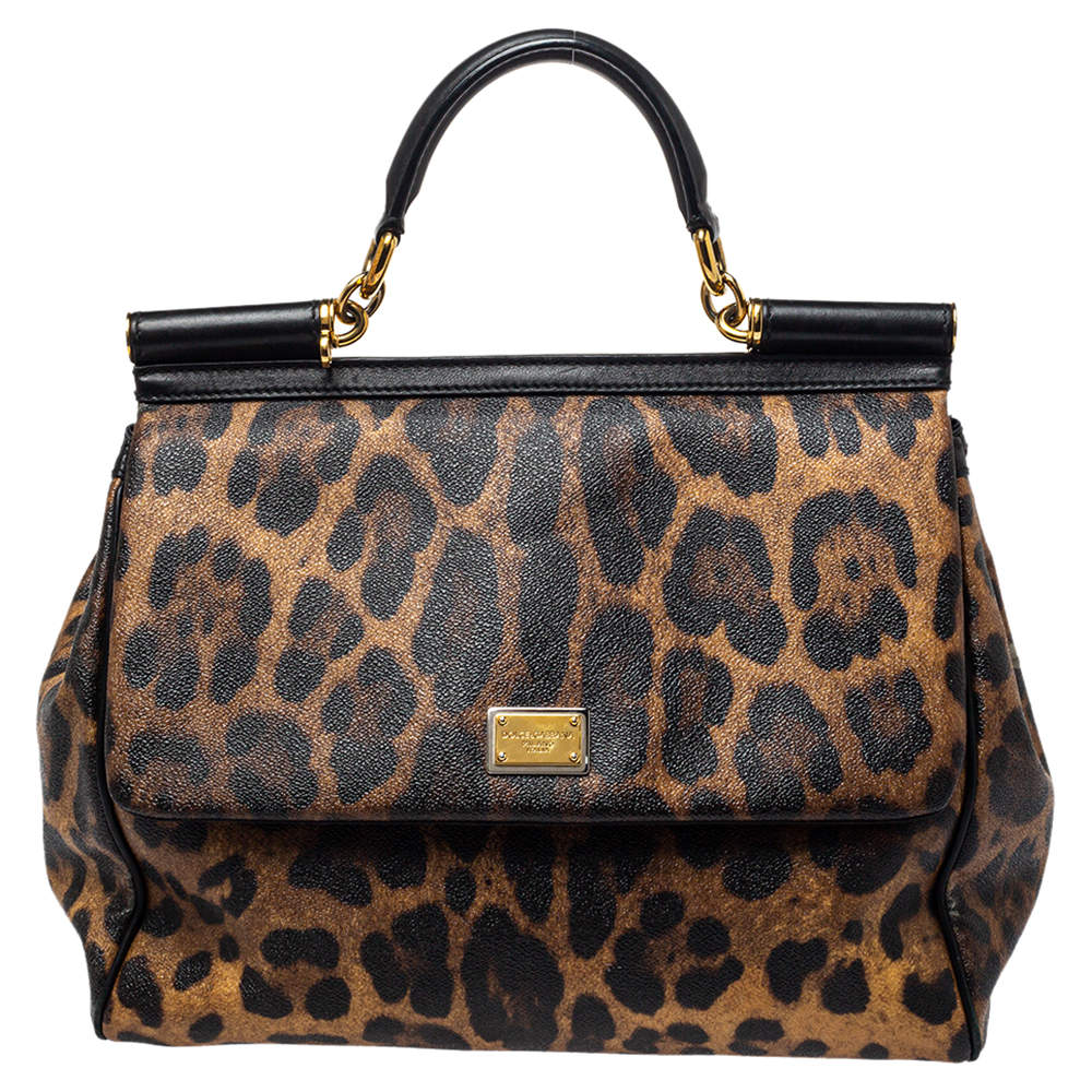 مملوكة مسبقًا Dolce & Gabbana Black/Brown Leopard Print Coated Canvas Large Miss Sicily Top Handle Bag