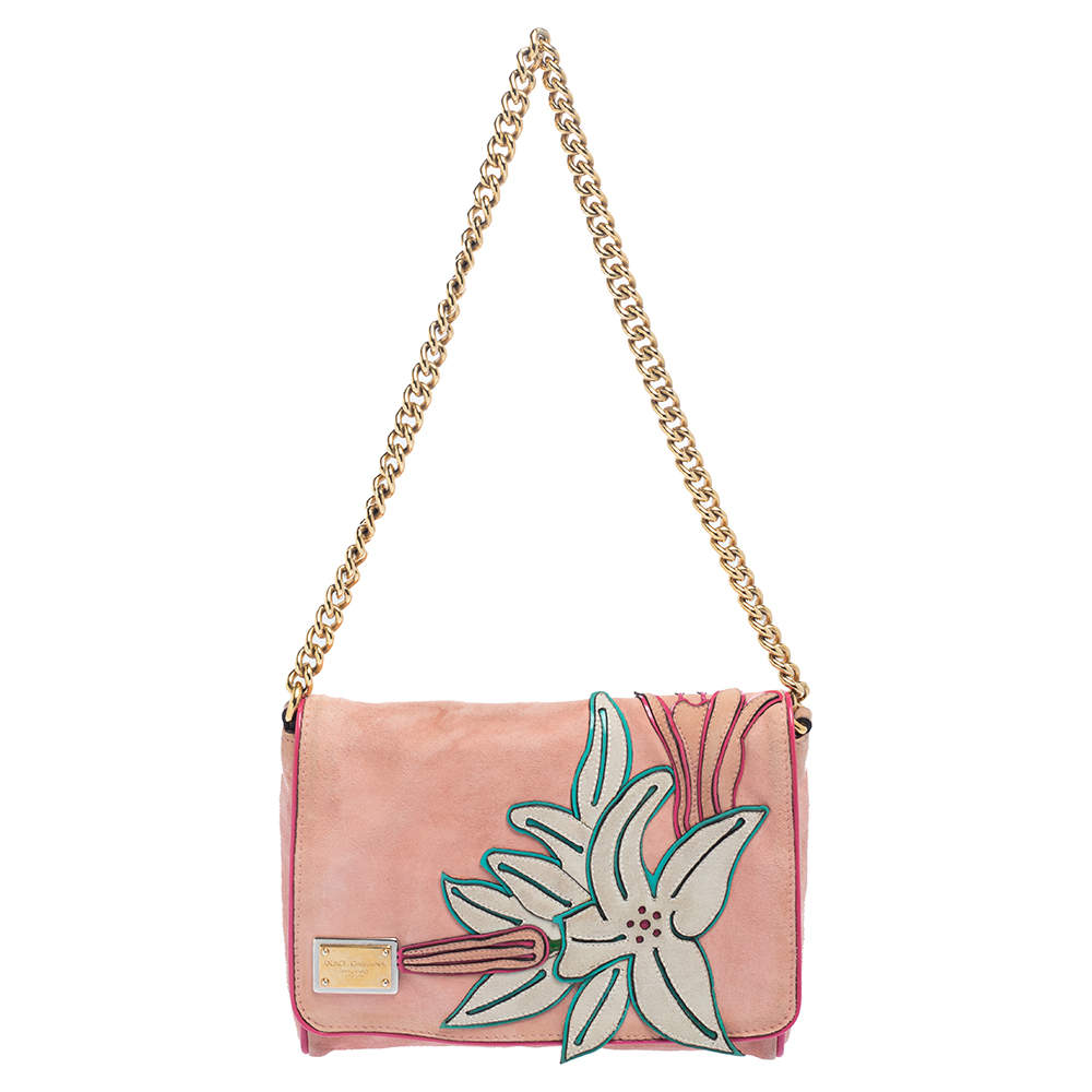 Pre Owned Dolce & Gabbana Pink Suede Flap Chain Crossbody Bag