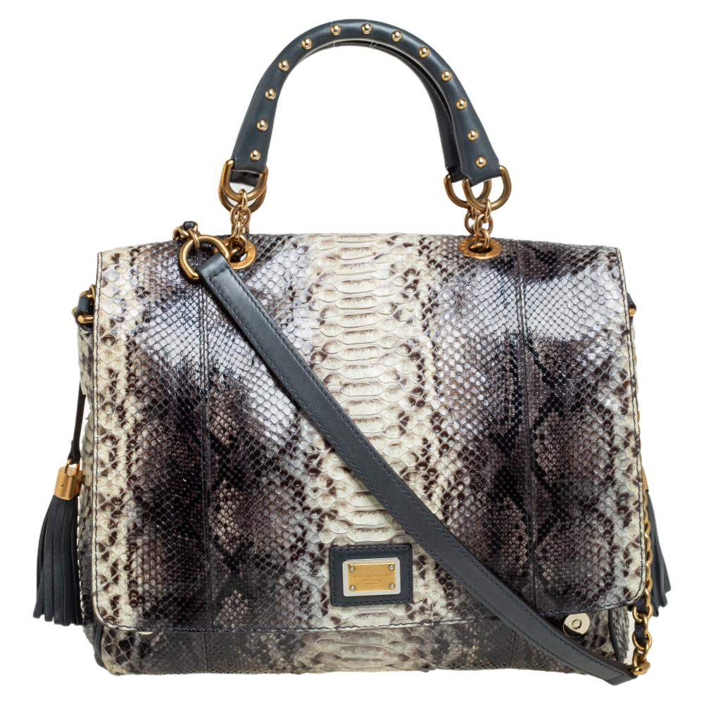 Pre Owned Dolce & Gabbana Grey/Teal Python and Leather Tassel Studded Top Handle Bag