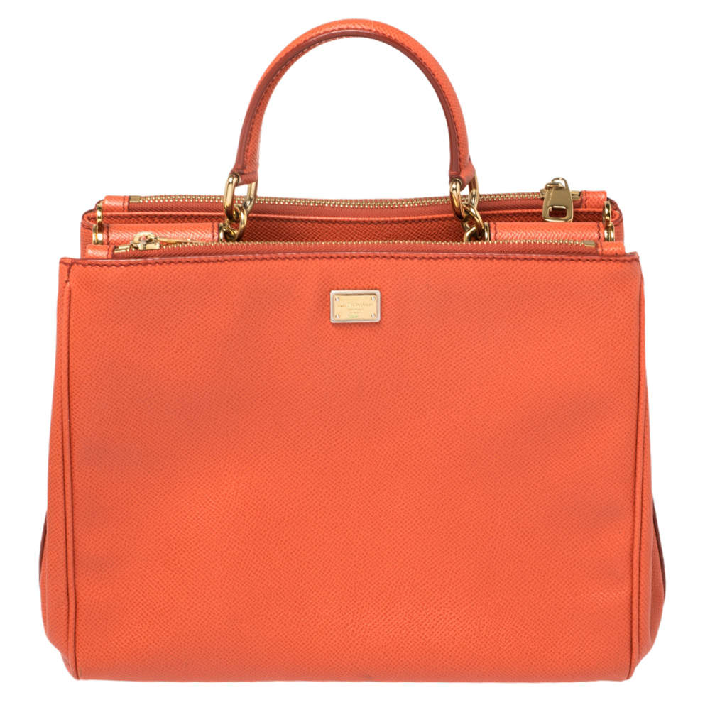 Pre Owned Dolce & Gabbana Orange Leather Miss Sicily Double Zip Top Handle Bag