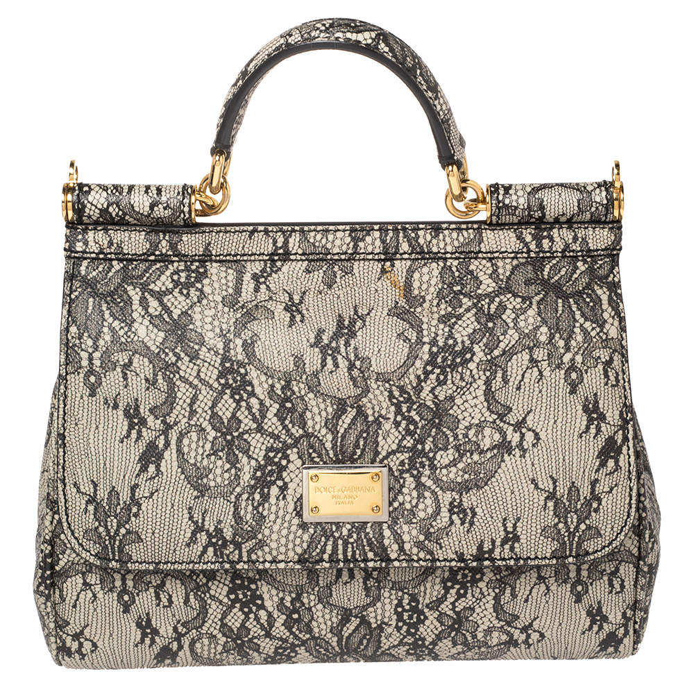Pre Owned Dolce & Gabbana Beige/Black Lace Print Leather Medium Miss Sicily Top Handle Bag