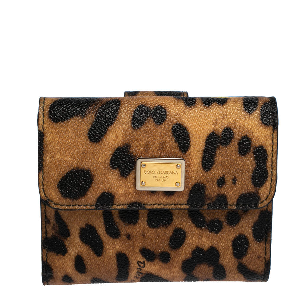 Pre Owned Dolce & Gabbana Brown/Black Leopard Print Coated Canvas French Wallet