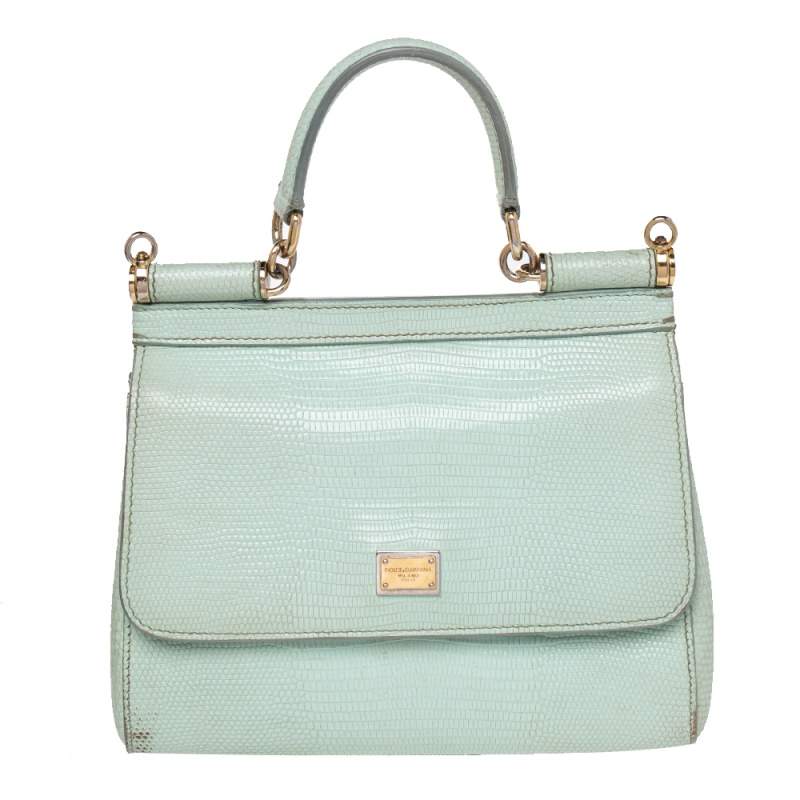 Dolce & Gabbana Green Lizard Embossed Leather Small Miss Sicily Top Handle Bag