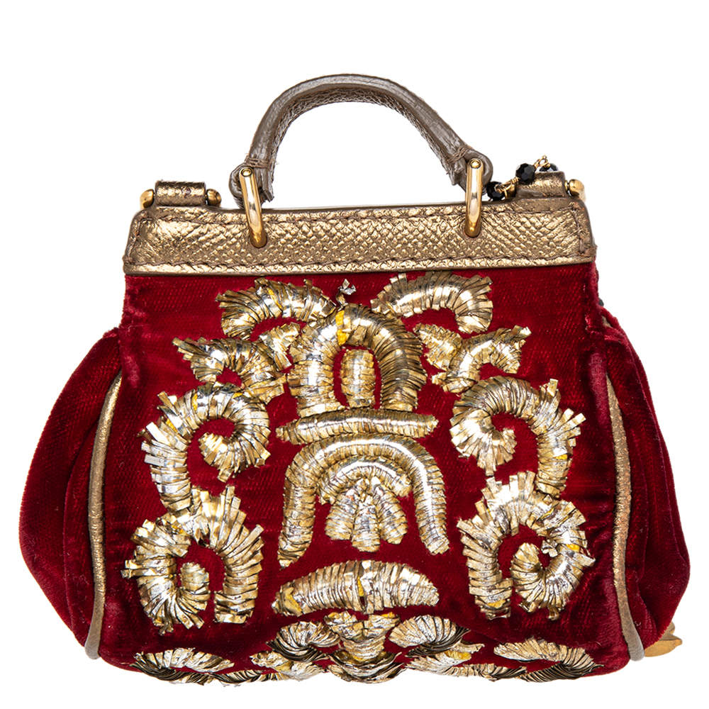 Dolce & Gabbana Red Velvet Embroidered Mini Miss Sicily Shoulder Bag Dolce  & Gabbana