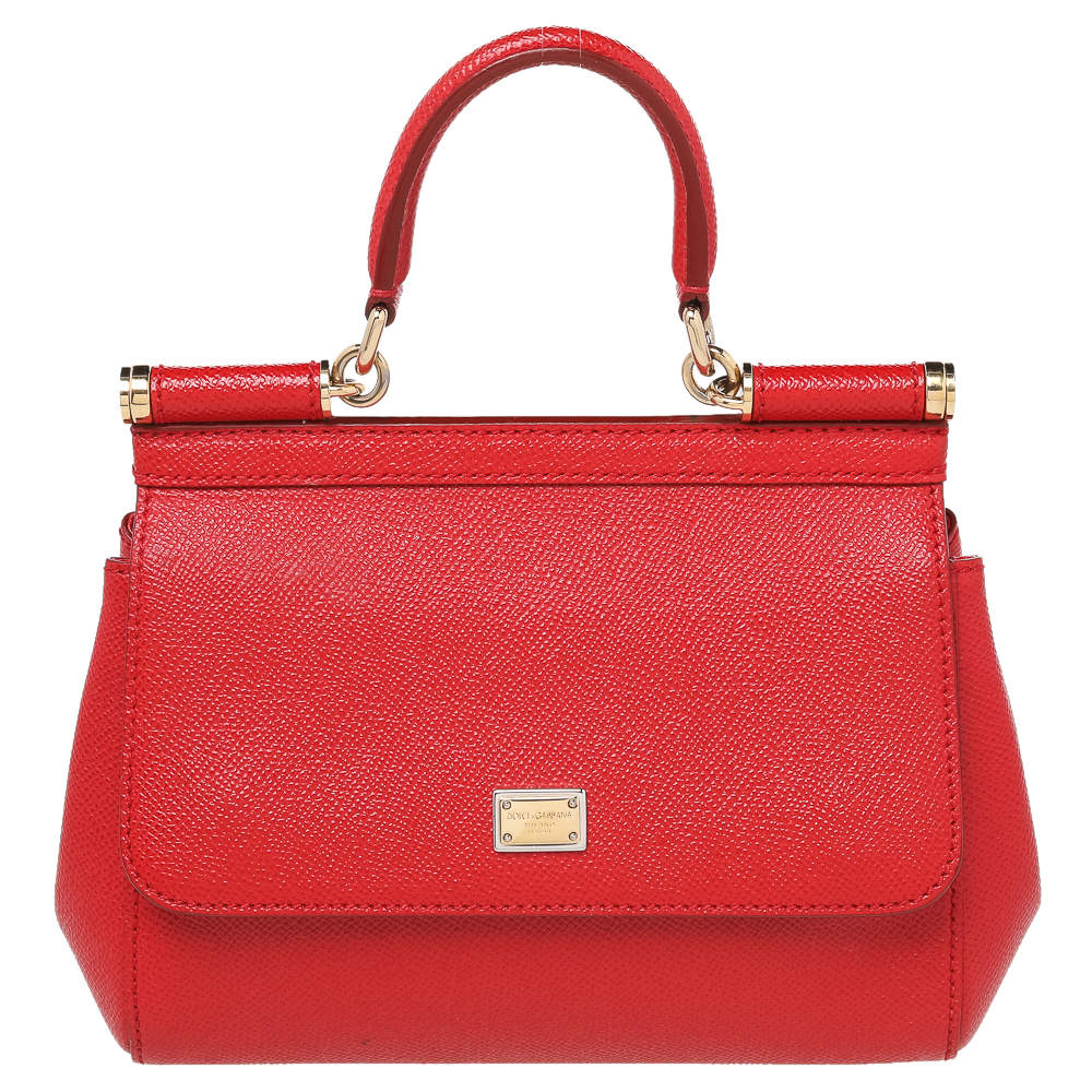 Pre Owned Dolce & Gabbana Bright Red Leather Small Miss Sicily Top Handle Bag
