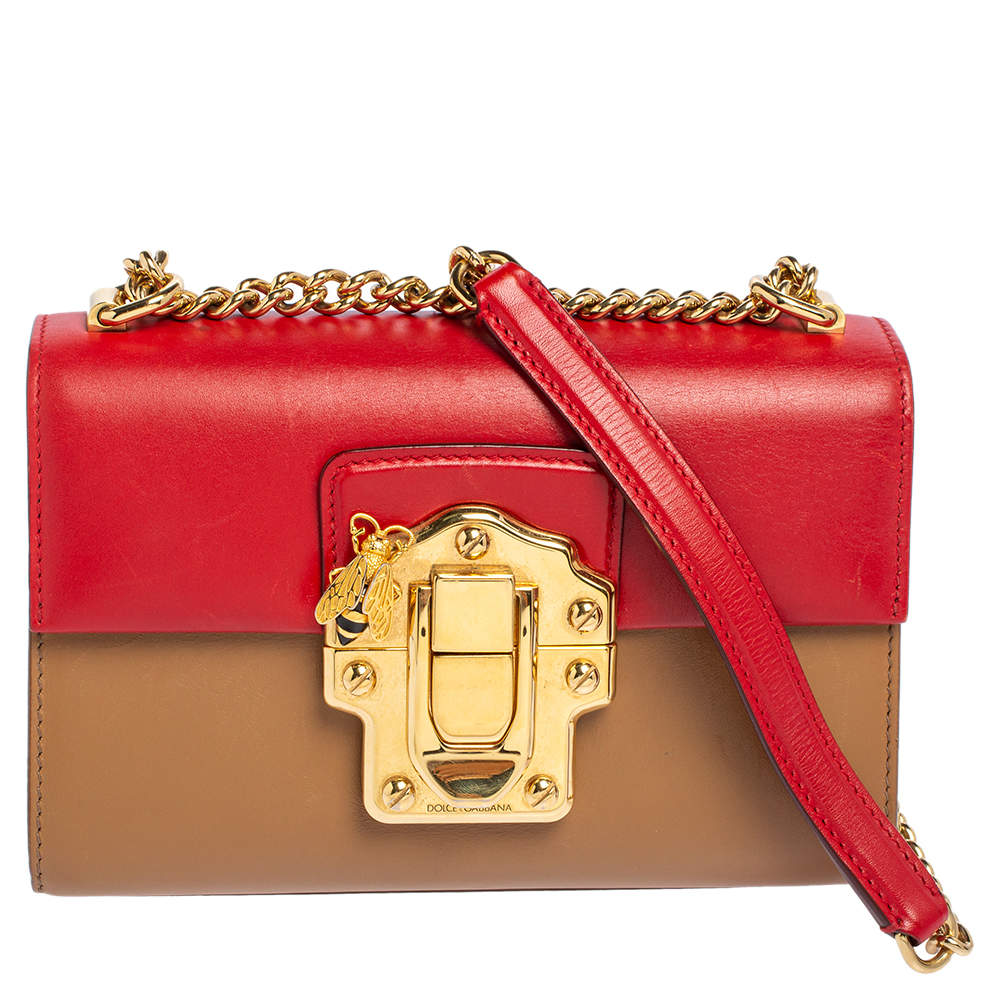 Pre Owned Dolce & Gabbana Beige/Red Leather Lucia Chain Shoulder Bag
