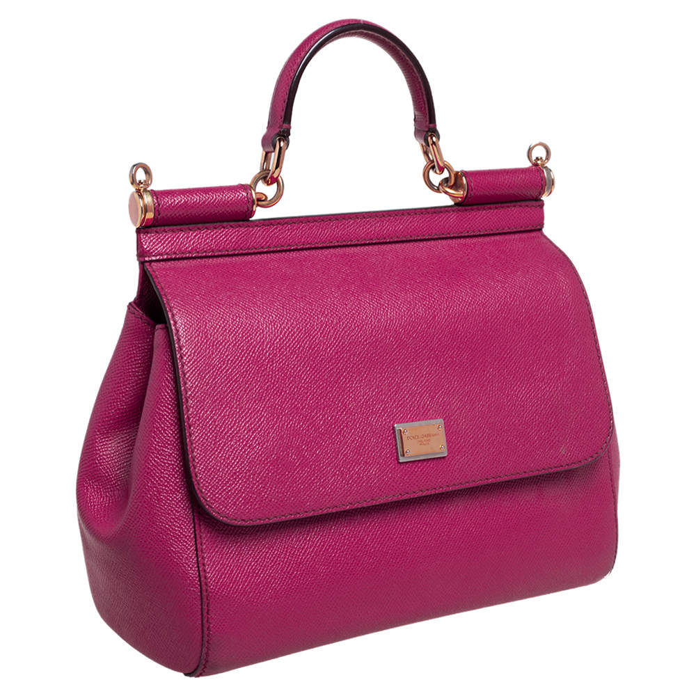 Pre Owned Dolce & Gabbana Fuchsia Leather Medium Miss Sicily Top Handle Bag