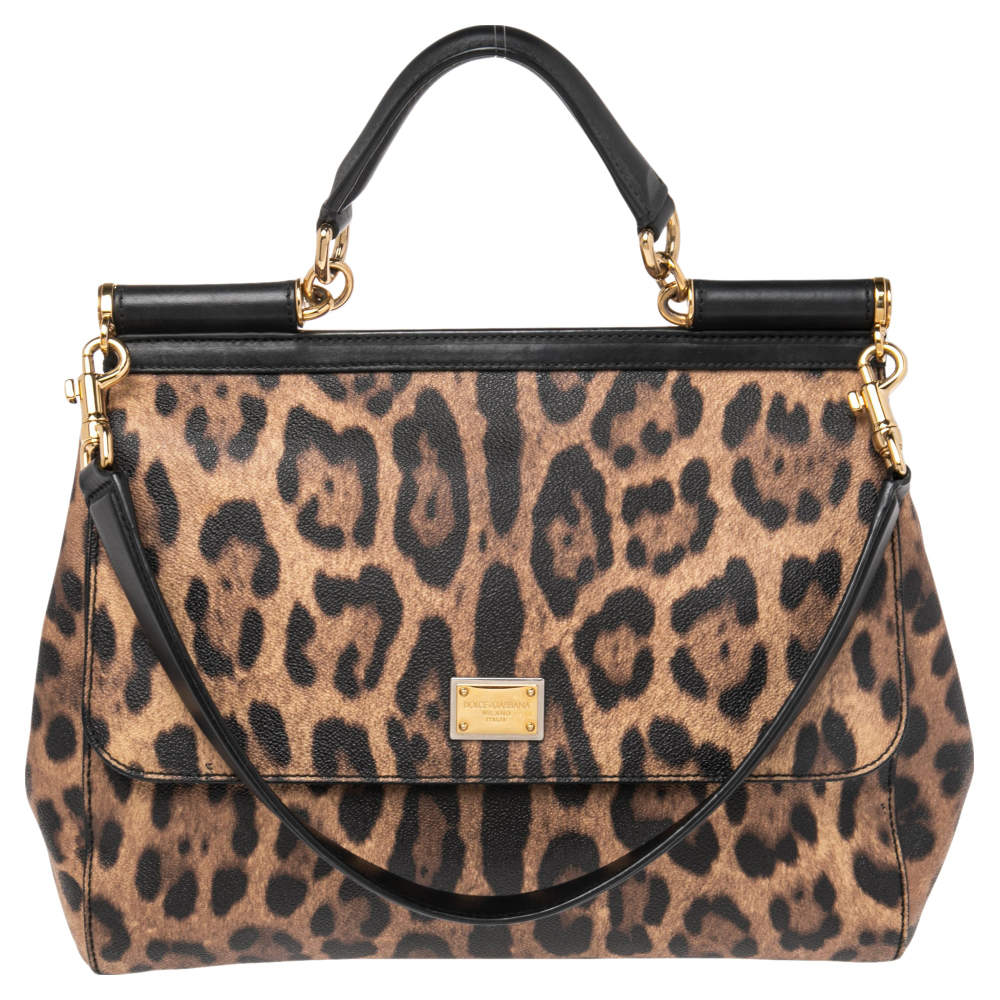 Pre Owned Dolce & Gabbana Black/Brown Leopard Print Coated Canvas Large Miss Sicily Top Handle Bag