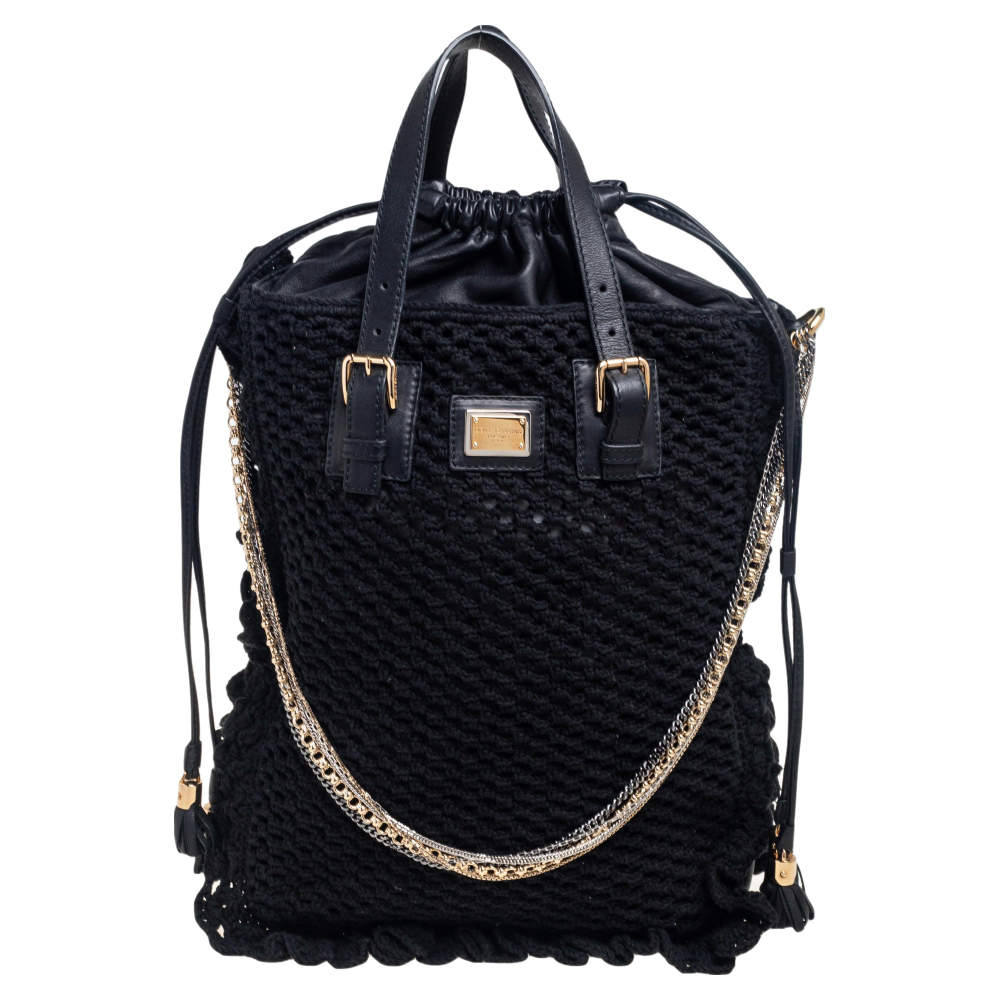 Dolce & Gabbana Black Crochet Fabric and Leather Miss Helen Tote