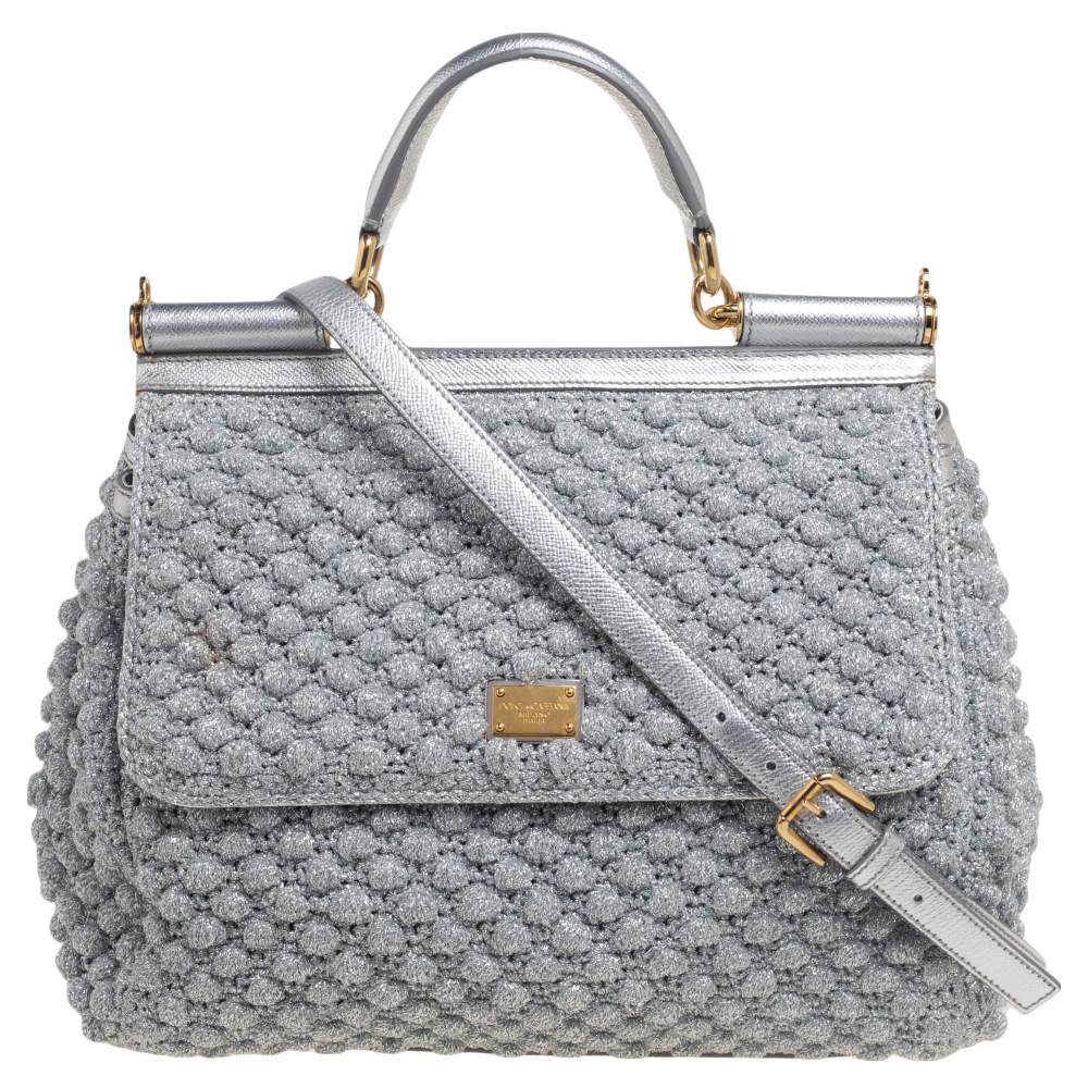 Dolce & Gabbana Metallic Silver Crochet and Leather Large Miss Sicily Top Handle Bag