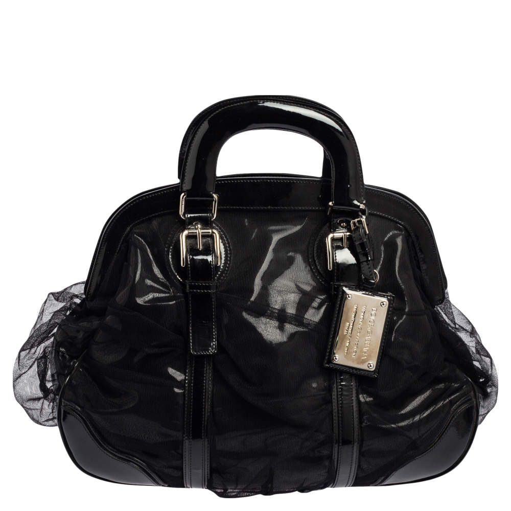 Dolce & Gabbana Black Lace and Patent Leather Miss Romantique Dome Satchel