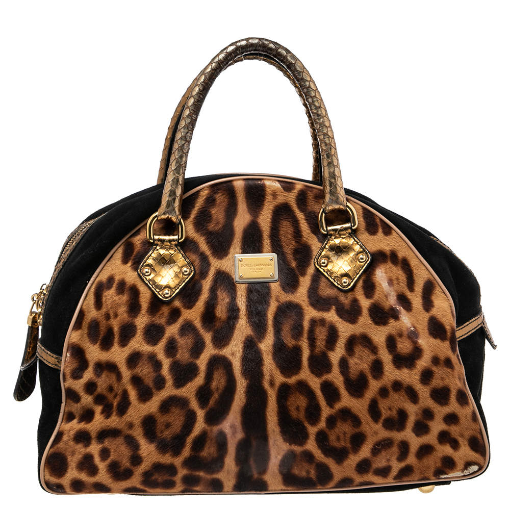Pre Owned Dolce & Gabbana Brown Animal Print Calf Hair, Suede And Python Embossed Leather Miss Biz Satchel