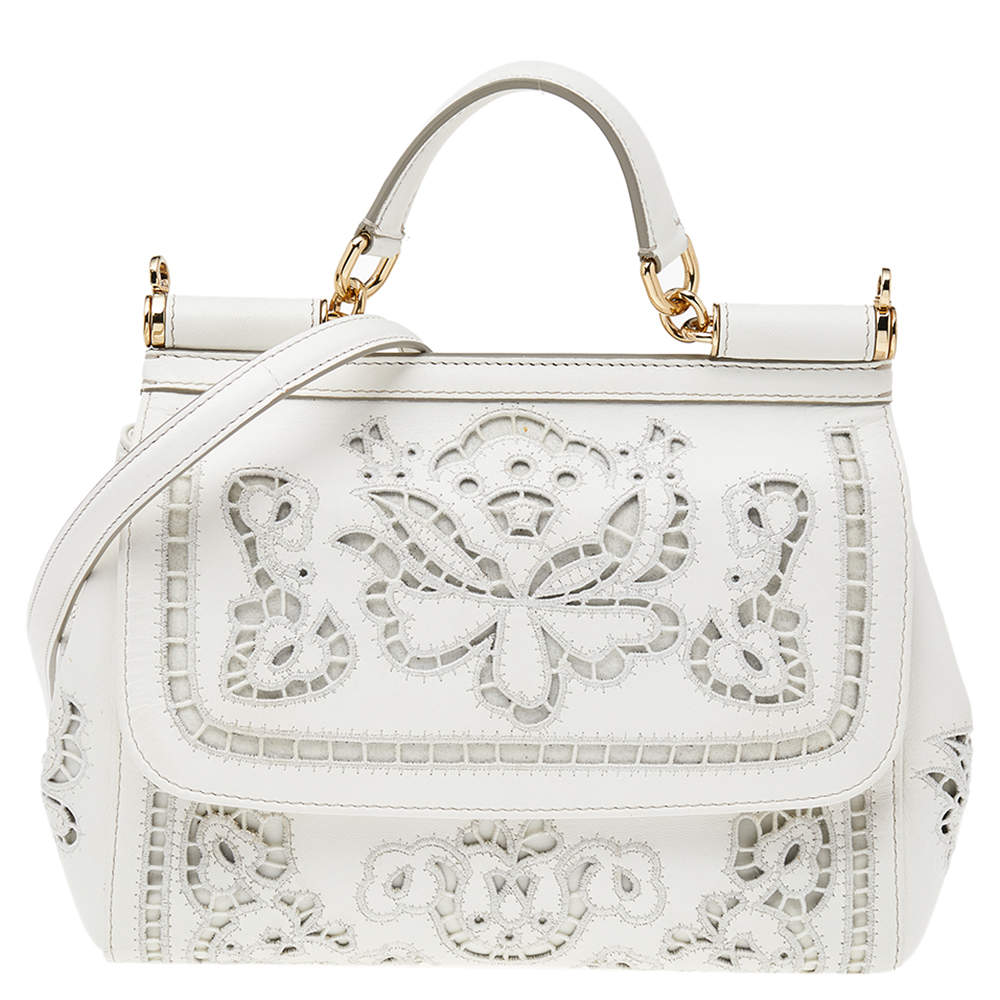 مملوكة مسبقًا Dolce & Gabbana White Floral Leather Miss Sicily Top Handle Bag