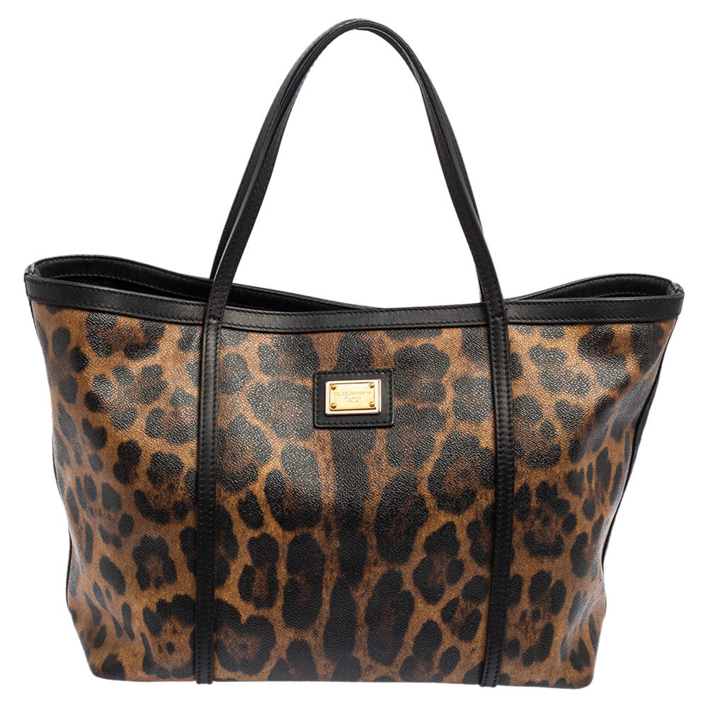 Pre Owned Dolce & Gabbana Black/Brown Leopard Print Coated Canvas and Leather Miss Escape Tote