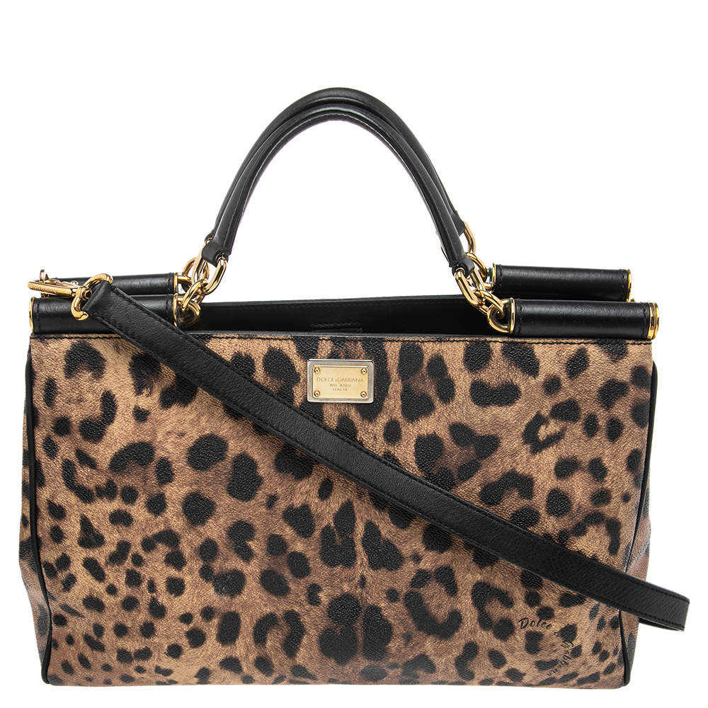 Dolce & Gabbana Black/Brown Animal Print Coated Canvas and Leather Miss Sicily Tote