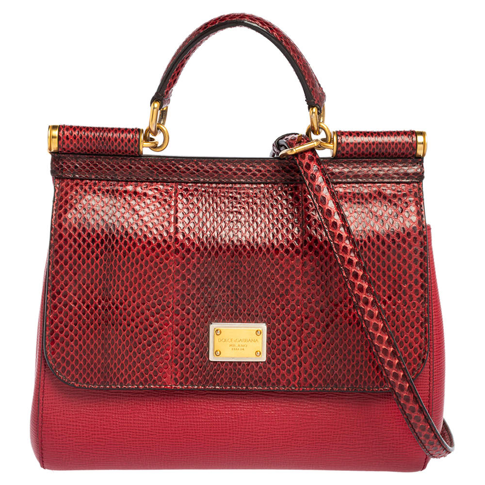 مملوكة مسبقًا Dolce & Gabbana Red Leather and Snakeskin Medium Miss Sicily Top Handle Bag