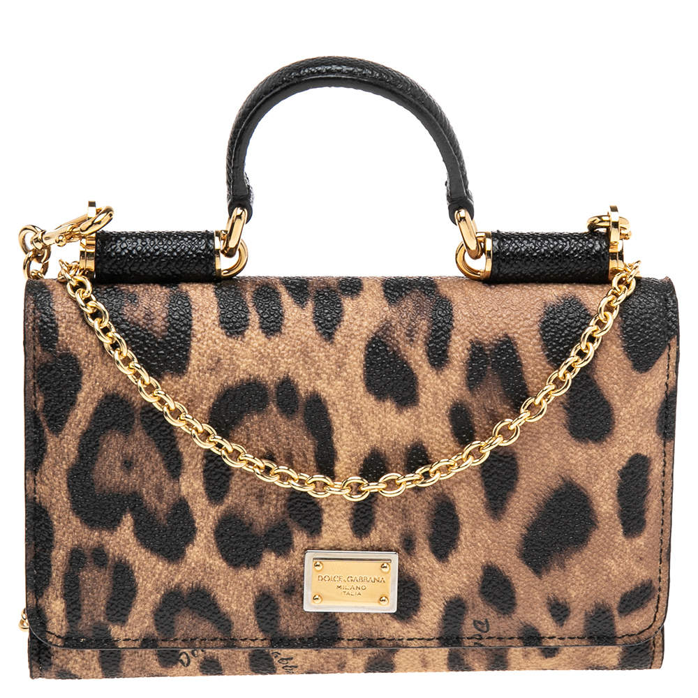 Pre Owned Dolce & Gabbana Brown/Black Leopard Print Coated Canvas Miss Sicily Von Wallet on Chain