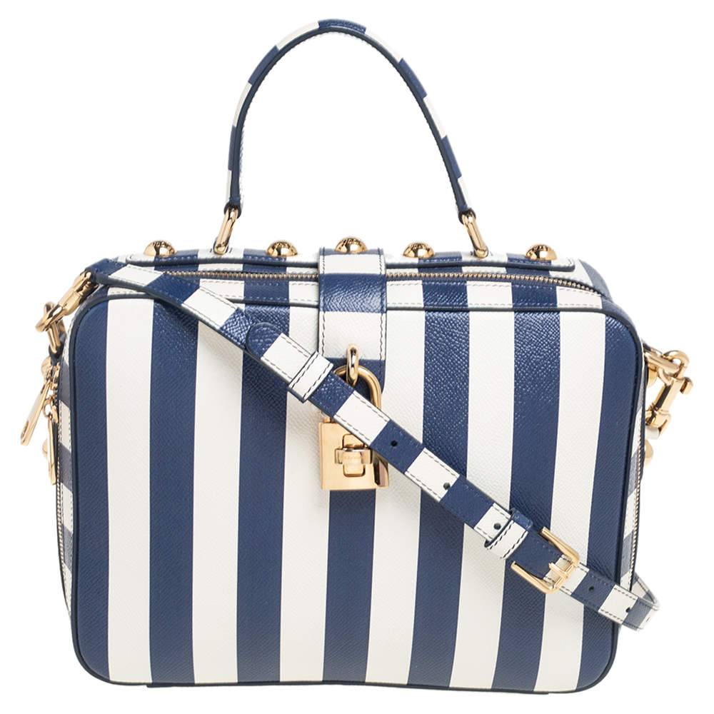Pre Owned Dolce & Gabbana Blue/White Striped Leather Box Top Handle Bag