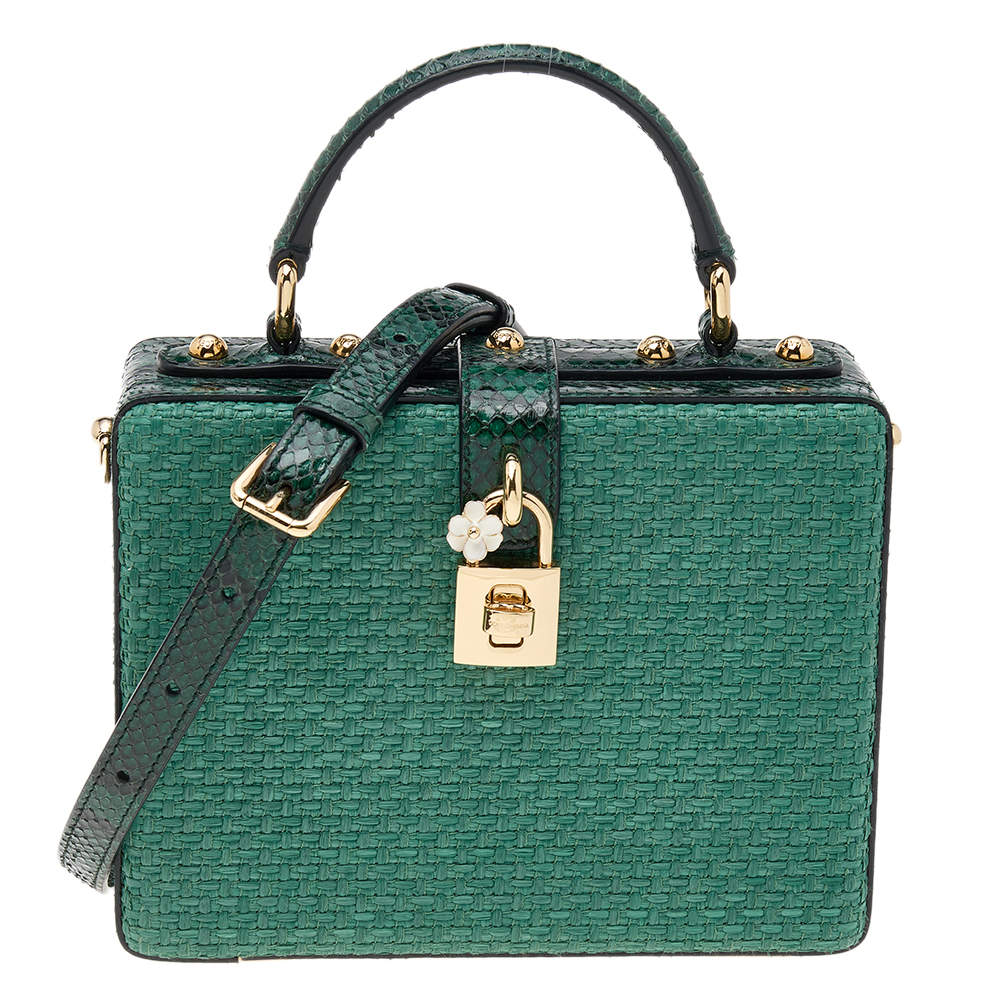 Pre Owned حقيبة صندق دولتشي أند غابانا جلد ثعبان ورافيا خضراء  بقفل