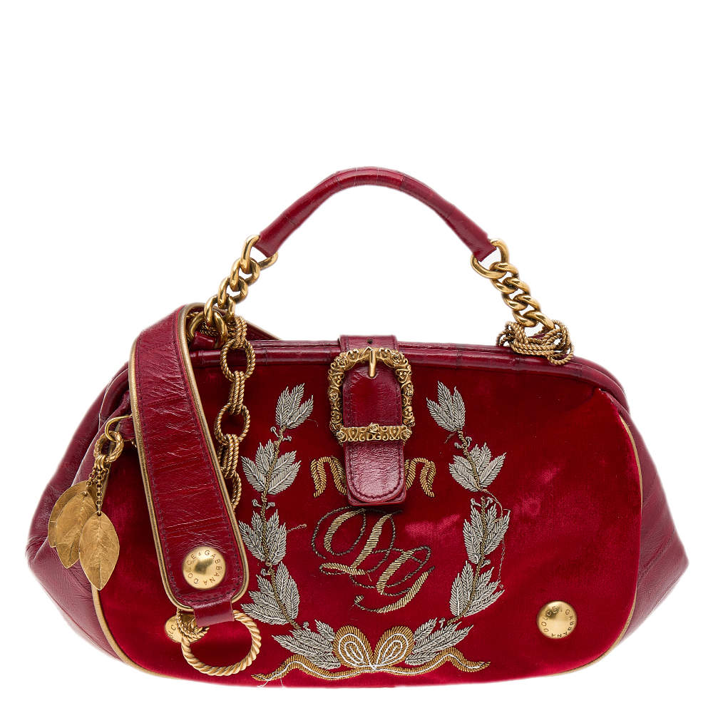 Pre Owned Dolce & Gabbana Red Velvet and Eel Leather Embroidered Satchel