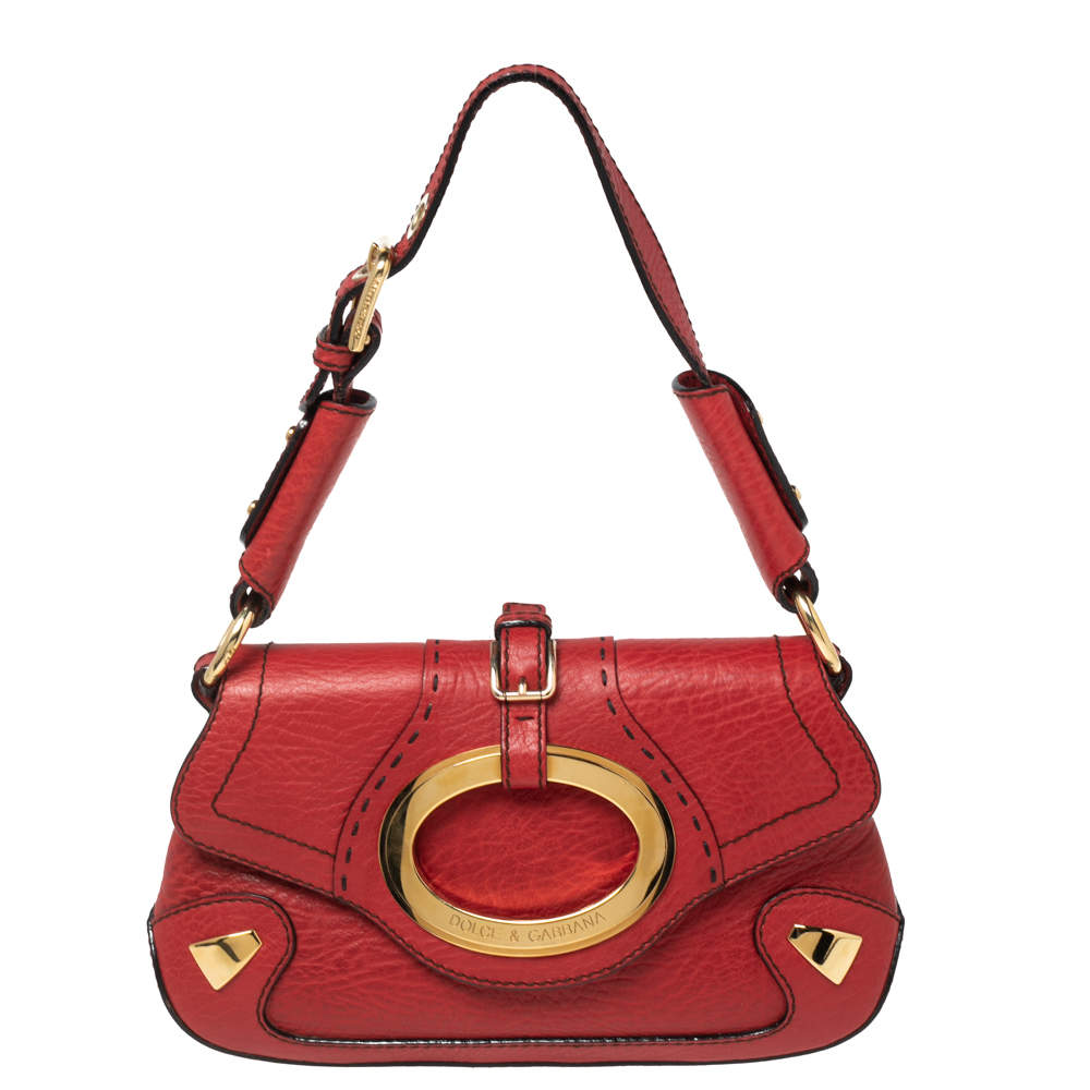 Pre Owned Dolce & Gabbana Red Pebbled Leather Ring Shoulder Bag