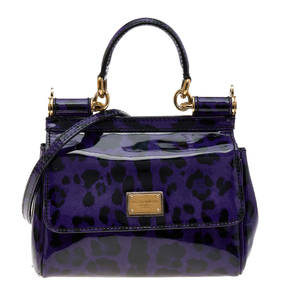 Pre Owned Dolce & Gabbana Purple/Black Leopard Print Patent Leather Small Miss Sicily Top Handle Bag