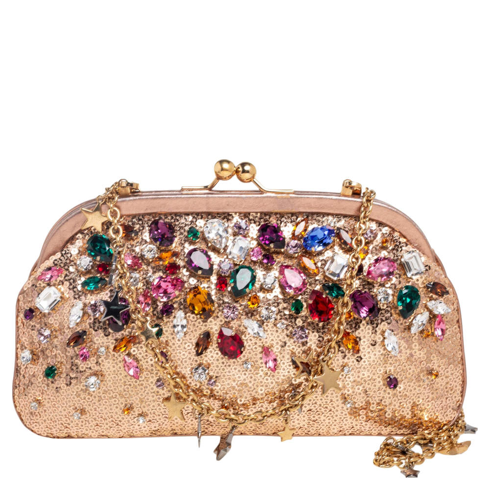 Pre Owned Dolce & Gabbana Rose Gold Sequin and Leather Crystal Embellished Clutch