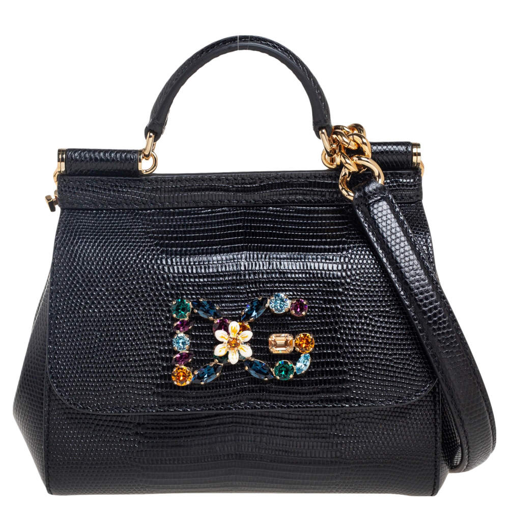 Pre Owned Dolce & Gabbana Black Lizard Embossed Leather Mini Miss Sicily Top Handle Bag