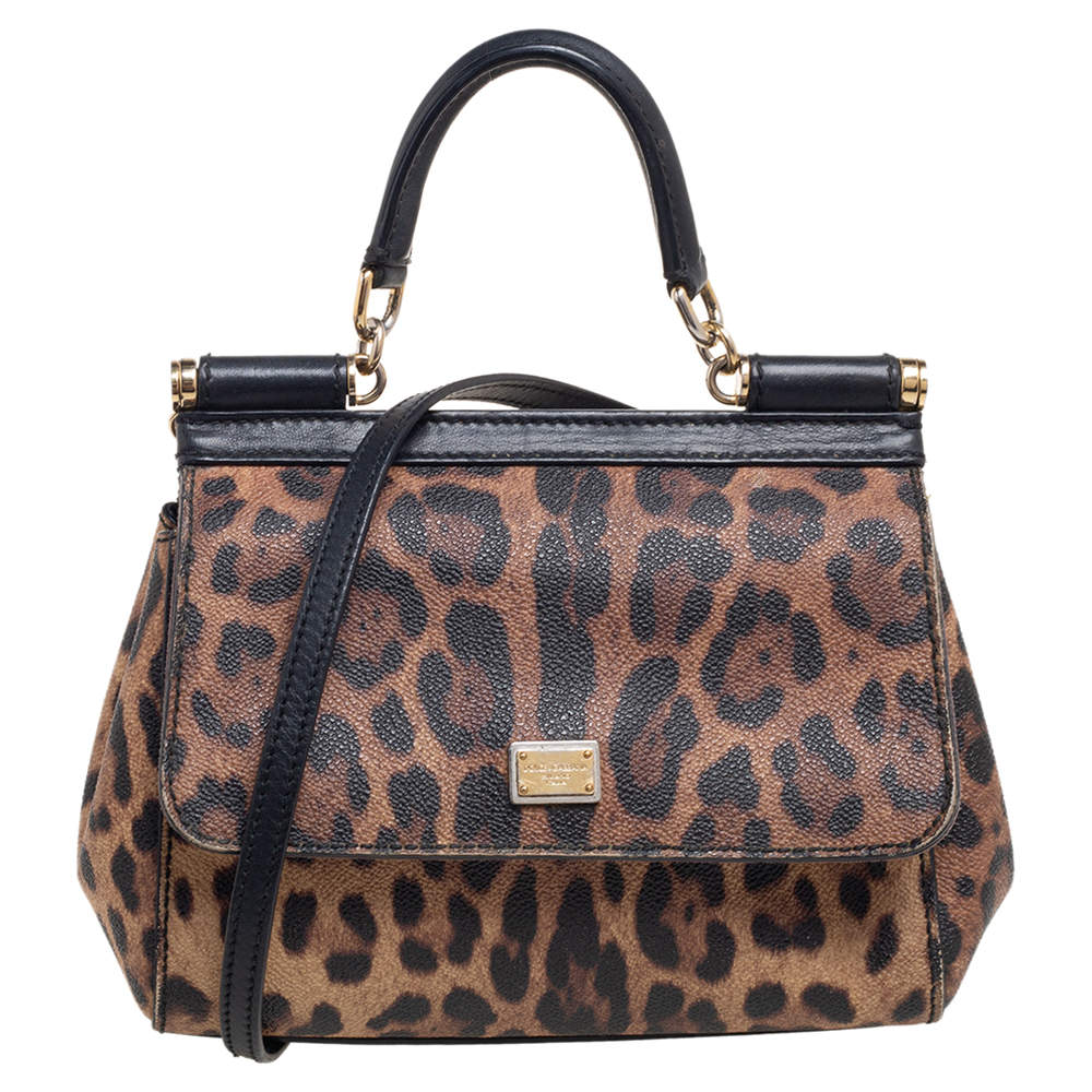 Pre Owned Dolce & Gabbana Black/Brown Leopard Print Coated Canvas And Leather Medium Miss Sicily Top Handle Bag