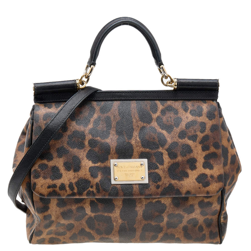 Pre Owned Dolce & Gabbana Black/Brown Leopard Print Coated Canvas Large Miss Sicily Top Handle Bag