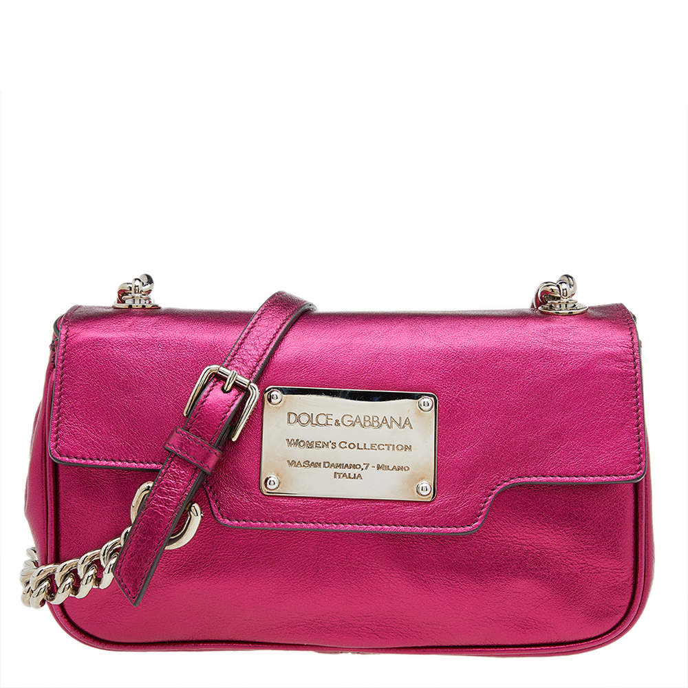 Pre Owned Dolce & Gabbana Metallic Pink Leather Chain Shoulder Bag
