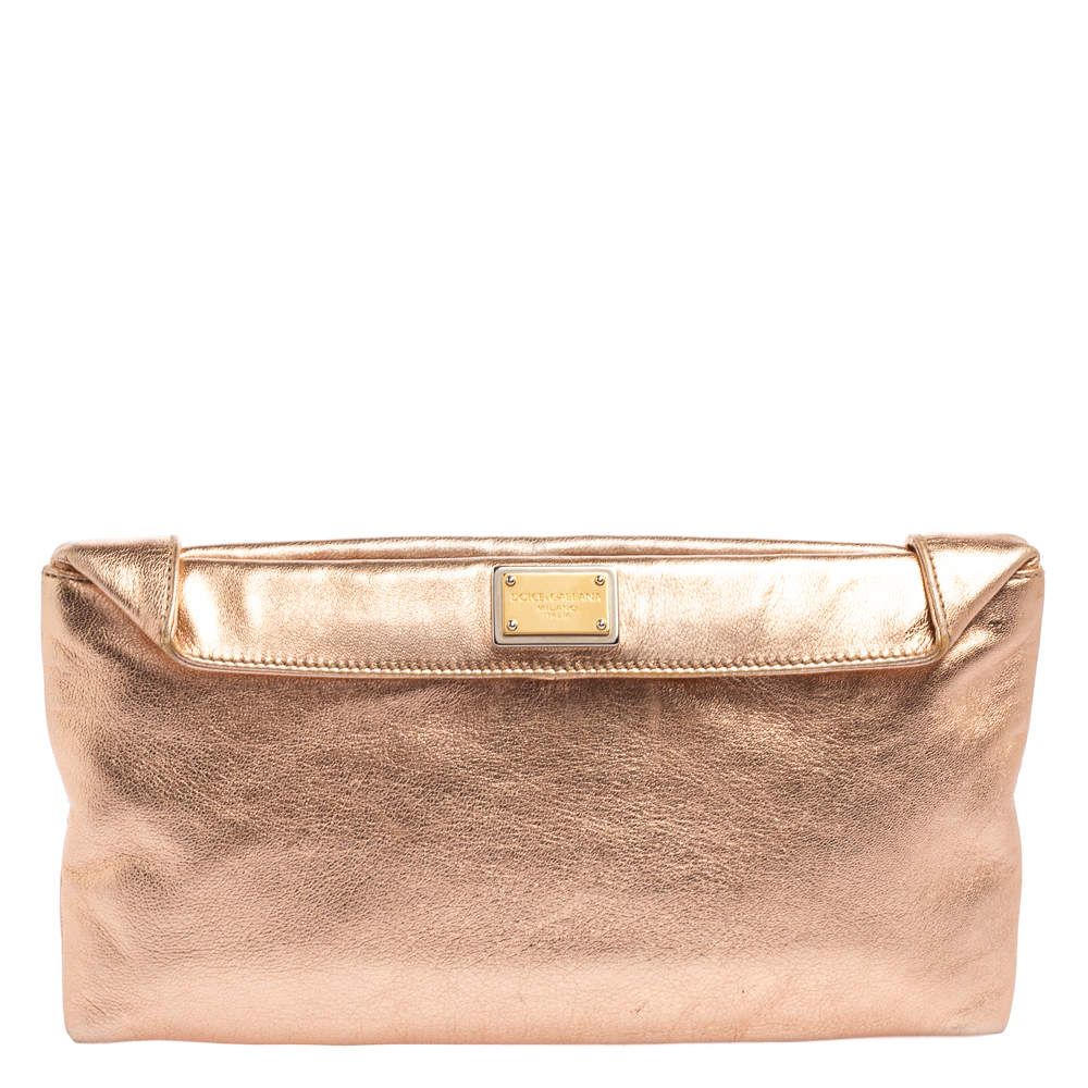 Pre Owned Dolce & Gabbana Metallic Rose Gold Leather Miss Always Clutch
