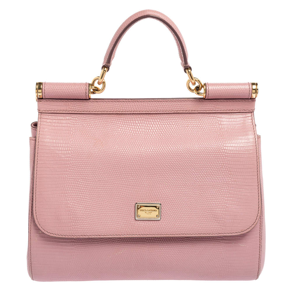 Pre Owned Dolce & Gabbana Pink Lizard Embossed Leather Medium Sicily Top Handle Bag