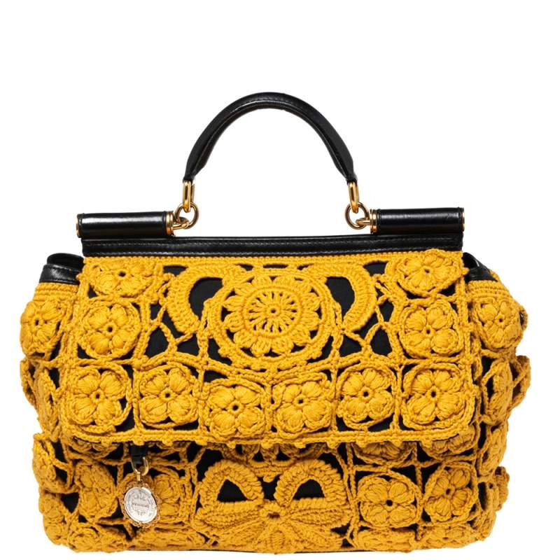 Pre Owned حقيبة بيد علوية دولتشي أند غابانا سيسيلي جلد وكروشيه أسود/مستردة  كبيرة