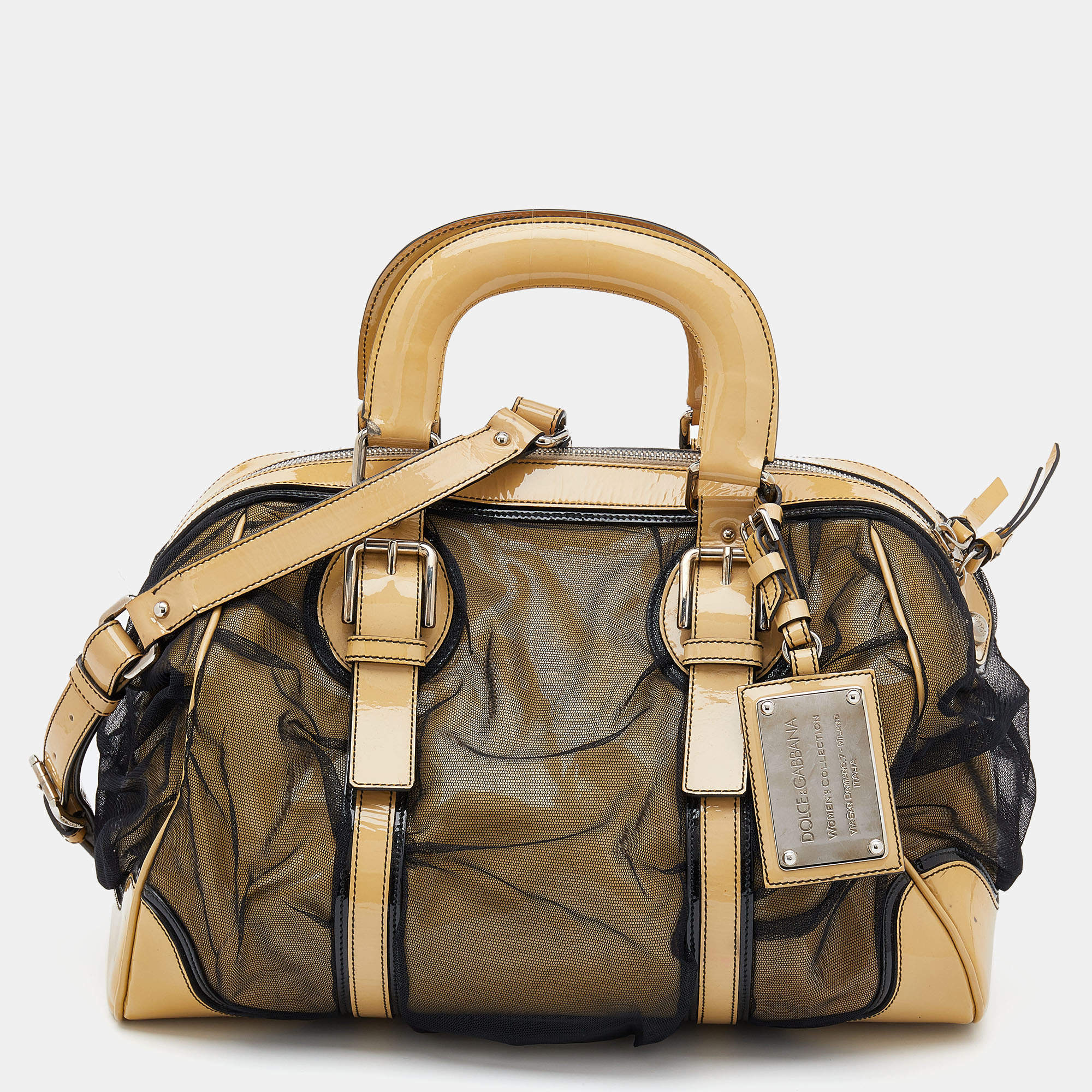 Pre Owned حقيبة ساتشل دولتشي أند غابانا ميس رومانتيك شبك وجلد لامع أسود/بيج