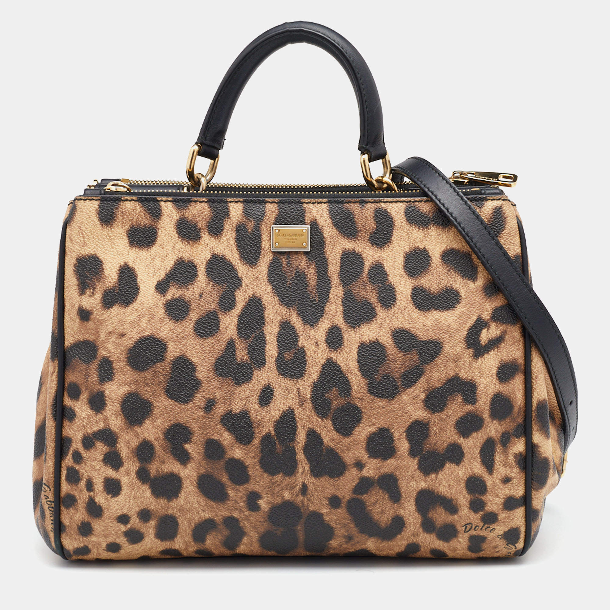 Pre Owned Dolce & Gabbana Brown/Black Leopard Print Coated Canvas and Leather Miss Sicily Top Handle Bag