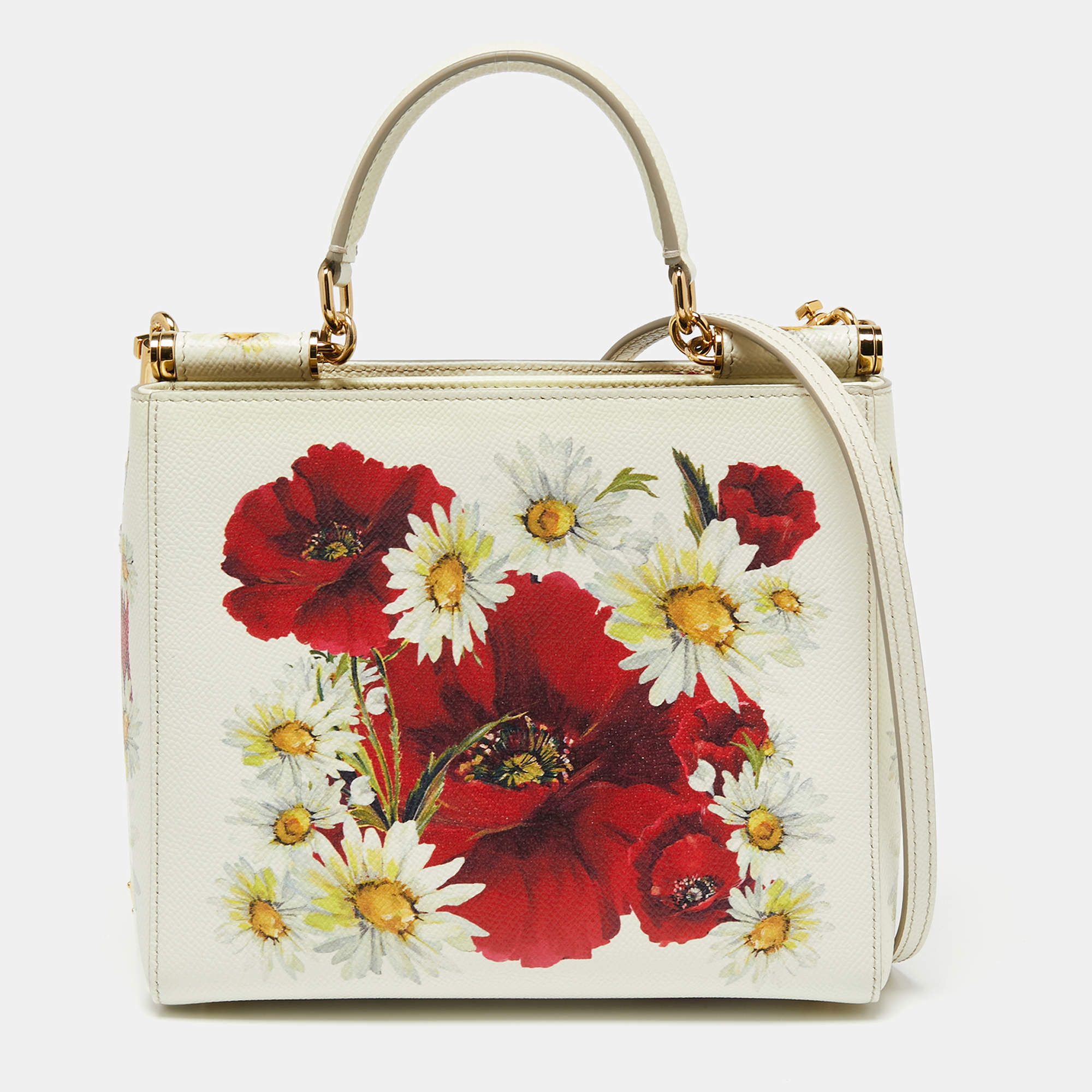 Pre Owned Dolce & Gabbana Off White Floral Print Leather Small Miss Sicily Top Handle Bag