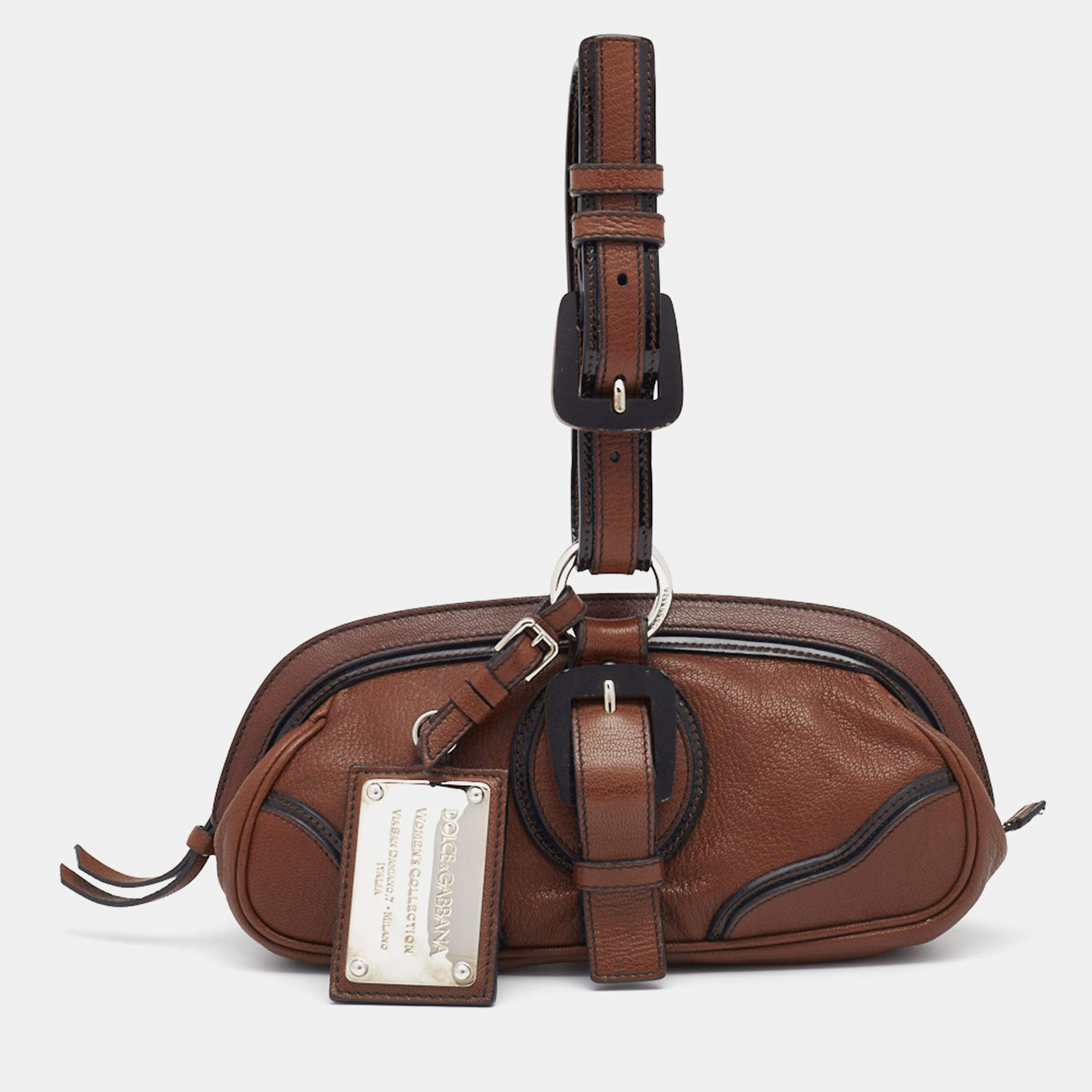 Pre Owned Dolce & Gabbana Brown/Black Leather Buckle Pouch