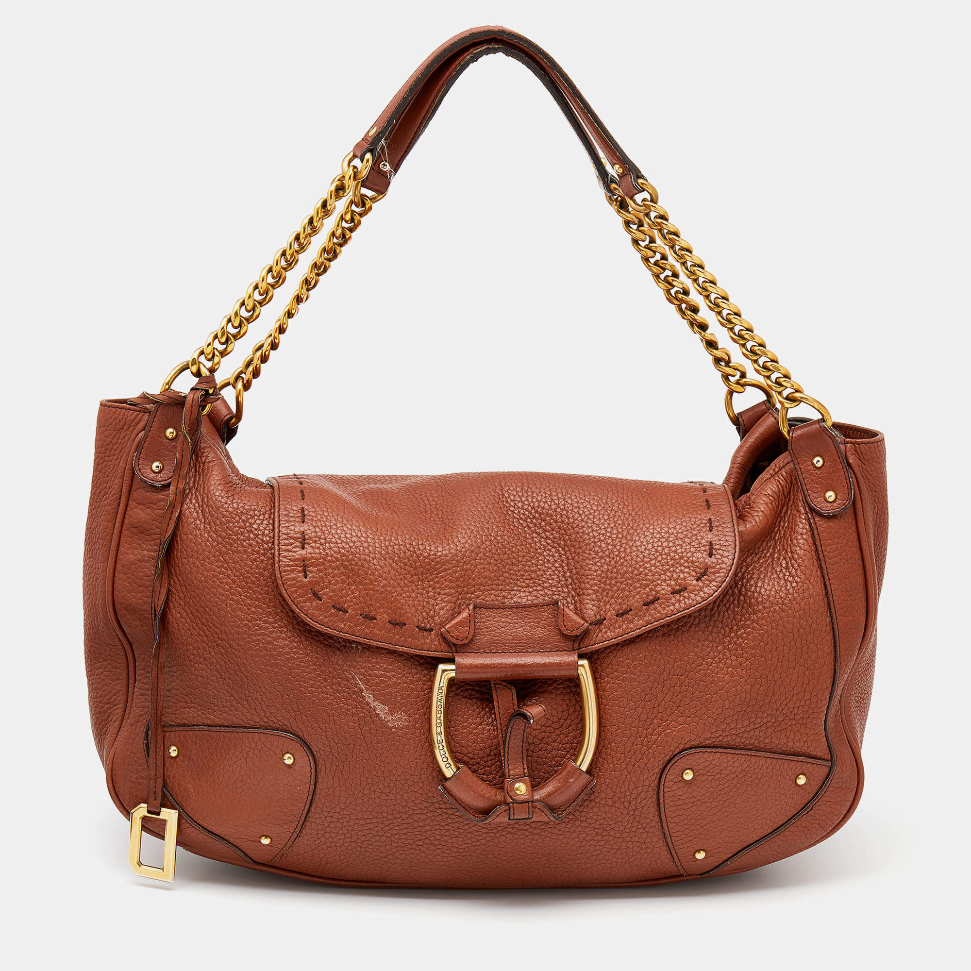 Pre Owned Dolce & Gabbana Brown Leather D-Ring Chain Shoulder Bag