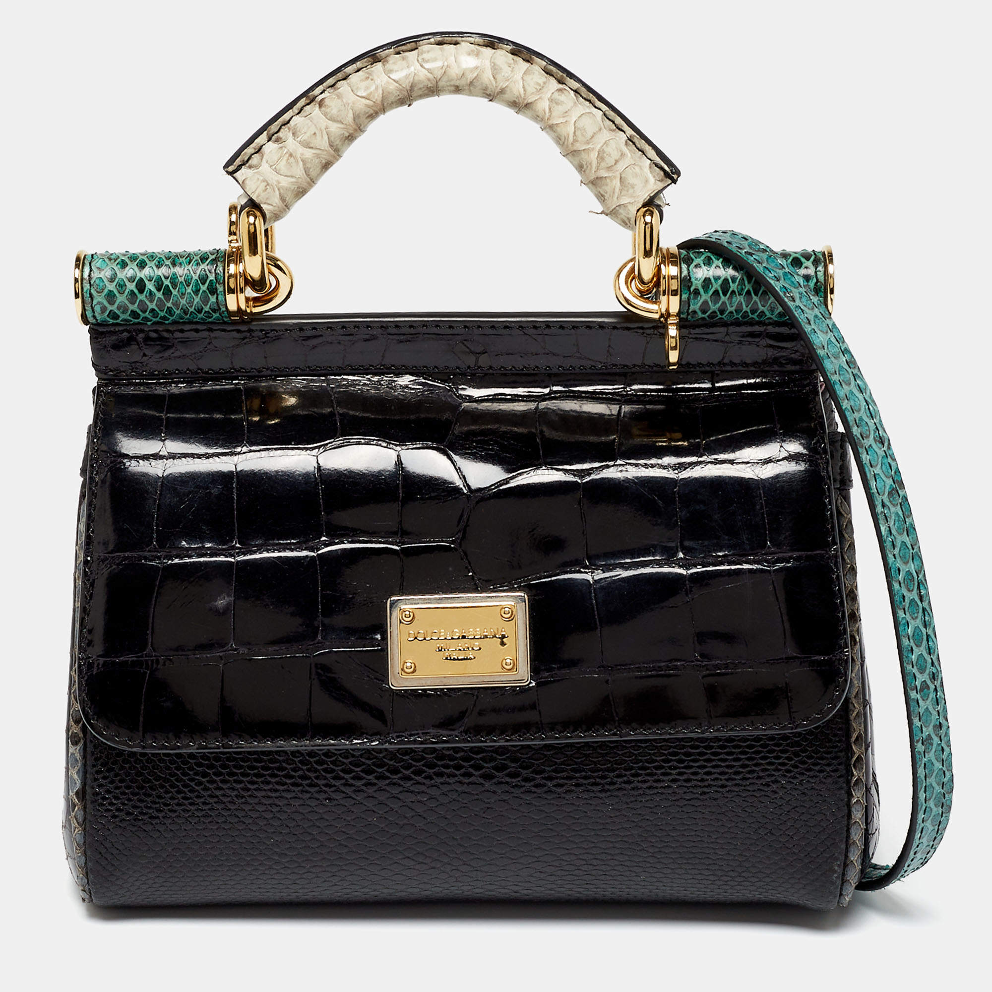 Pre Owned Dolce & Gabbana Black/Green Crocodile and Python Limited Edition Small Miss Sicily Top Handle Bag