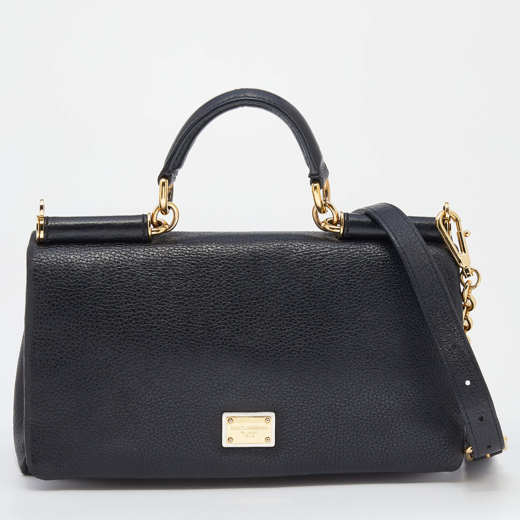Dolce & Gabbana Black Leather Miss Sicily Chain Top Handle Bag